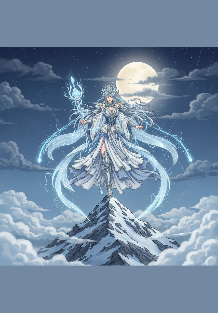 With a determined leap, the goddess descends from her celestial home, her translucent robes trailing behind her like streaks of falling stars. She lands softly atop the highest mountain peak, where the air is thin and the silence is absolute.