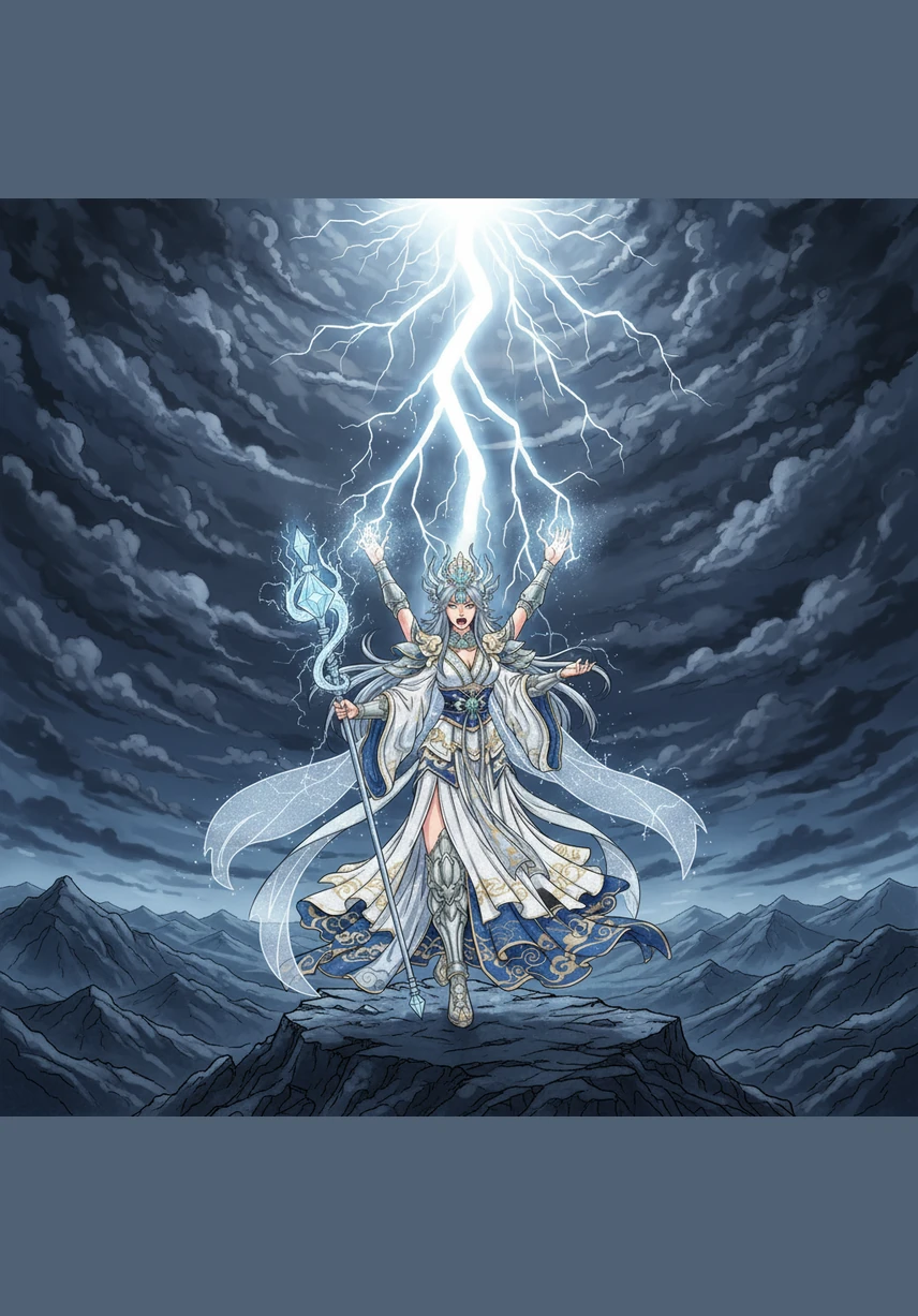 With a triumphant cry, she thrusts her arms toward the heavens, releasing a magnificent bolt of jagged white light. The sky shatters with a deafening roar as the first true lightning strike illuminates the dark horizon for miles.