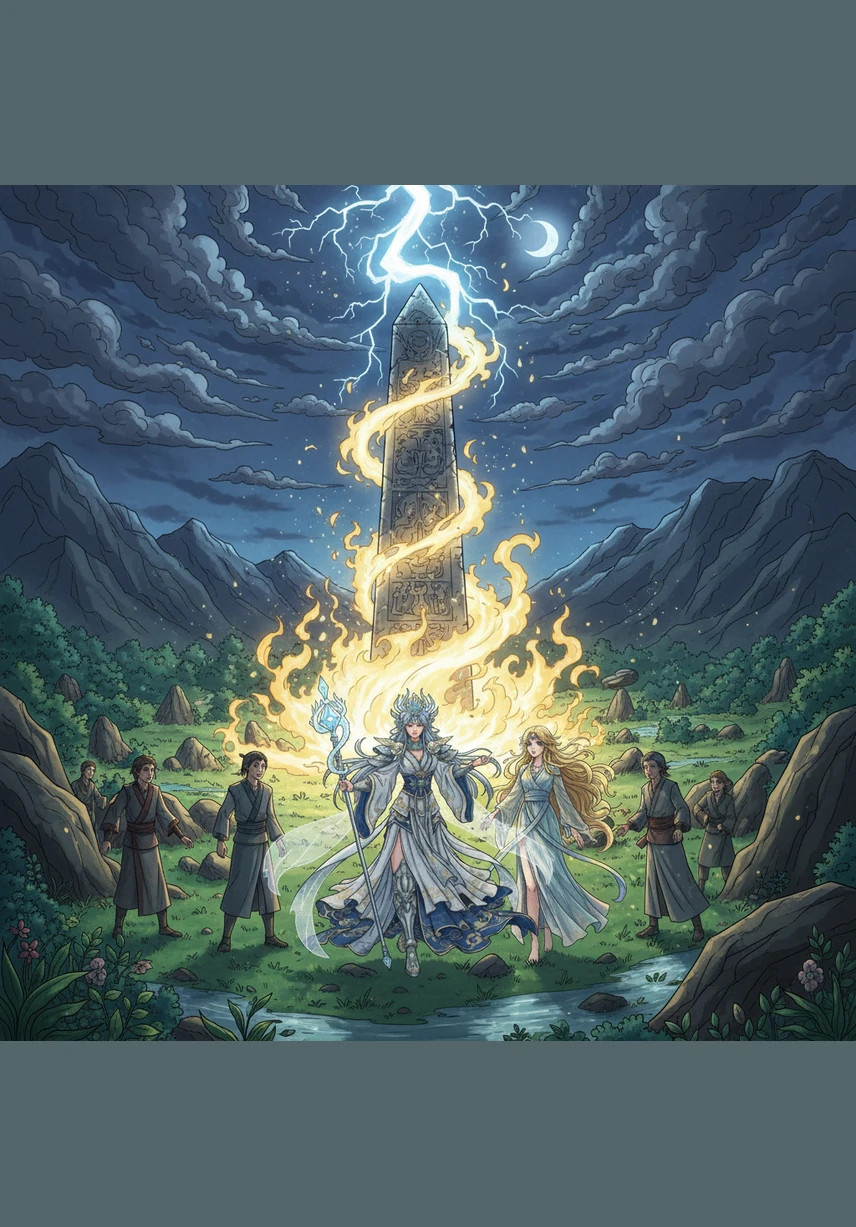 The bolt strikes an ancient stone obelisk in the center of the valley, igniting a magical fire that glows with a steady, comforting warmth. For the first time in centuries, the shadows retreat, revealing the hidden beauty of the lush green earth.