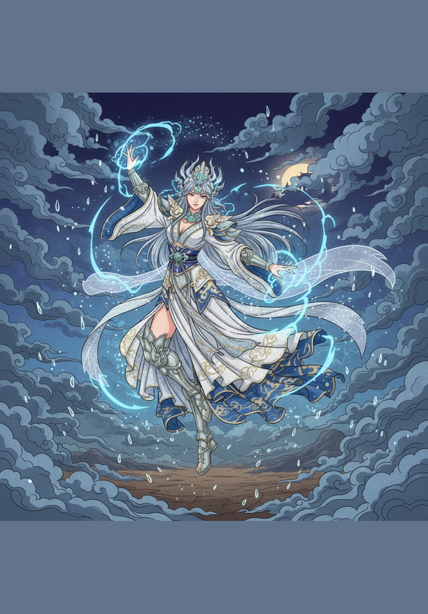 Astraea begins a wild, rhythmic dance across the clouds, her movements summoning winds that tear through the thick curtains of mist. Each flash of her power brings a refreshing scent of ozone and the promise of much-needed rain.