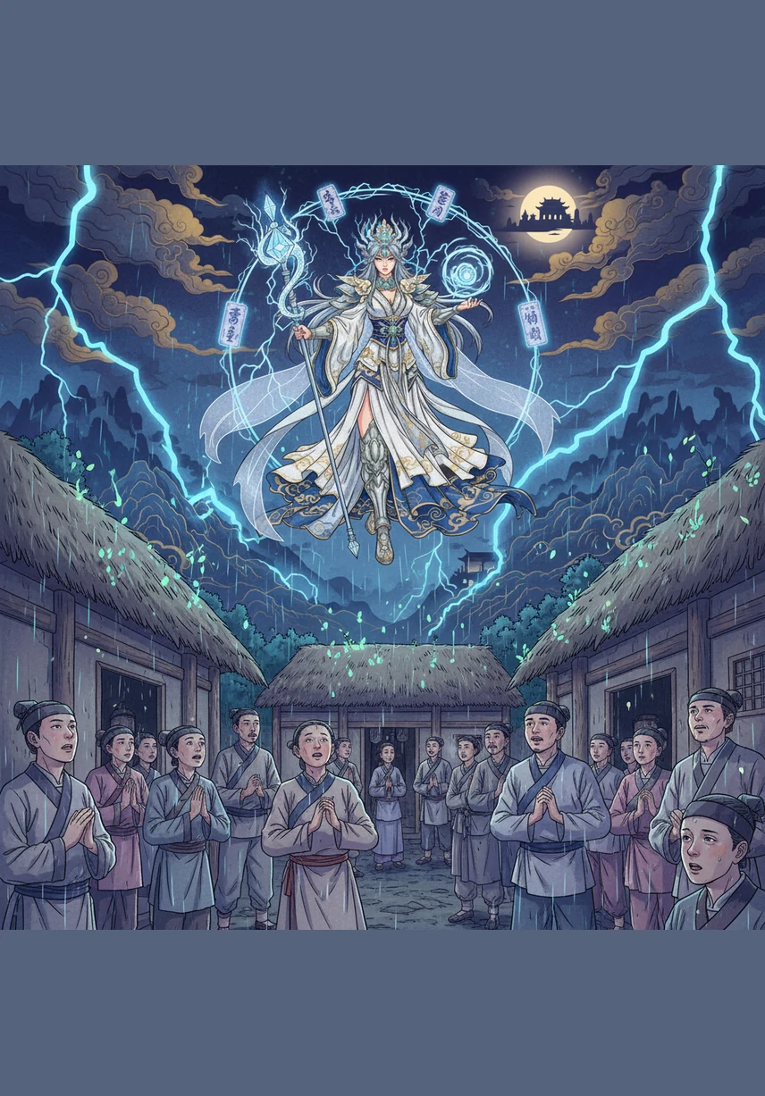 Below, the people emerge from their homes, their faces lit by the flickering glow of the storm as they witness the goddess's majesty. They realize the storm is not something to fear, but a powerful force that cleanses the world and brings new life.