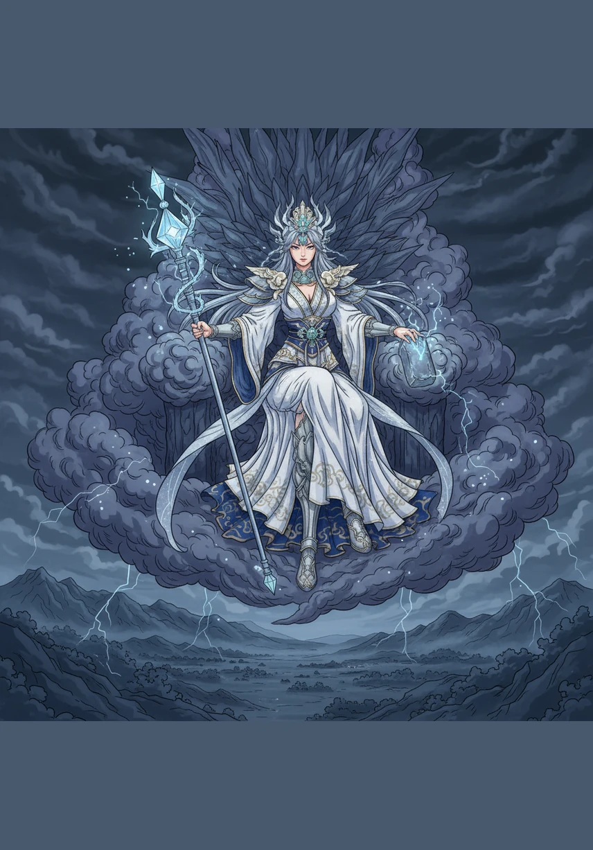 Her task complete, Astraea takes her place upon a throne of dark storm clouds, watching over the world with a watchful eye. Whenever the air grows heavy and the world dim, she is ready to strike her flint and fill the sky with her radiant energy.