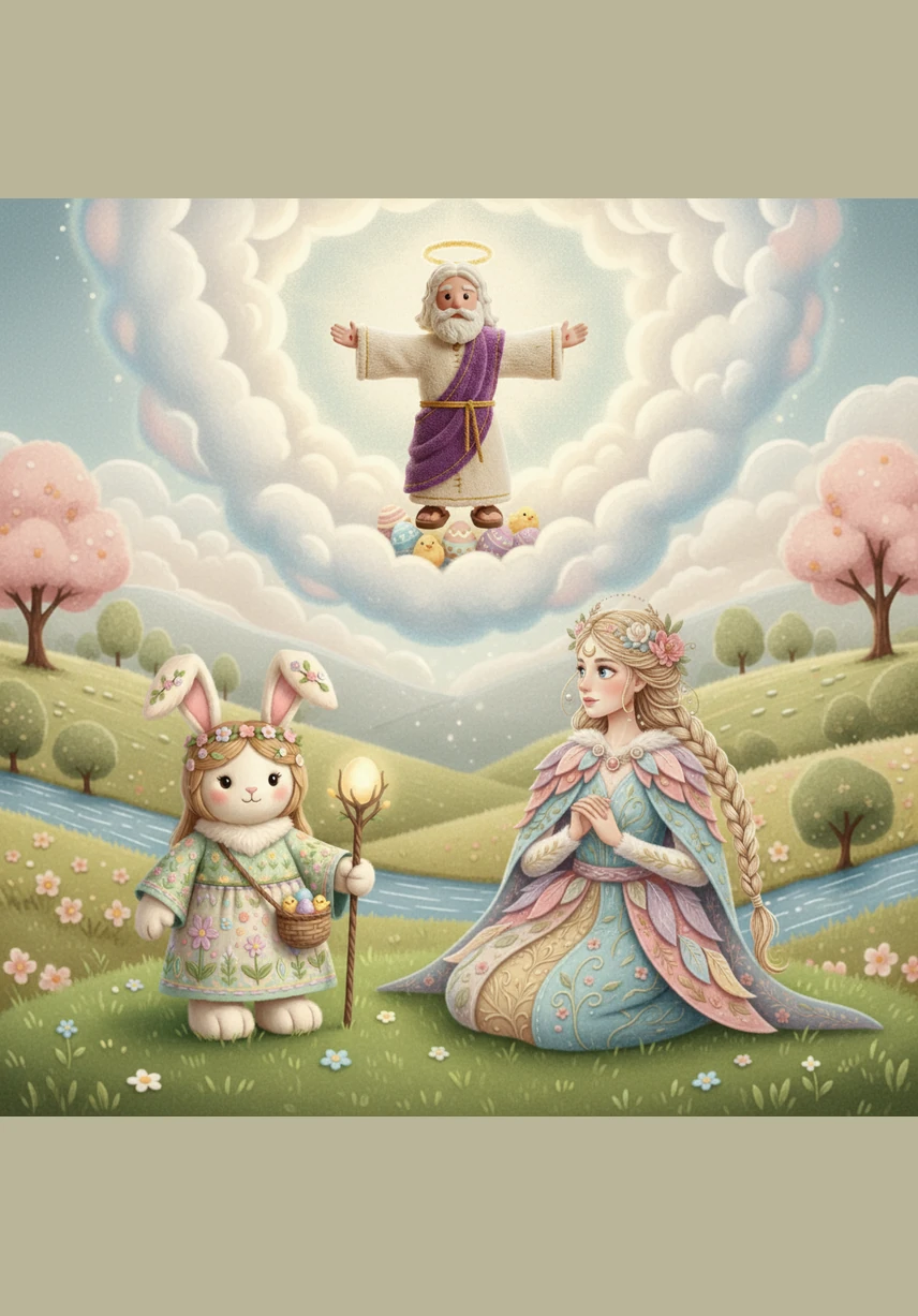 The pages glow with a golden light, showing a stone tomb rolled away in a quiet garden at dawn. In the distance, a soft light radiates from the horizon, marking the day Christians celebrate as the victory over death. Elara watches as the scene captures the promise of eternal life that defines the Resurrection.