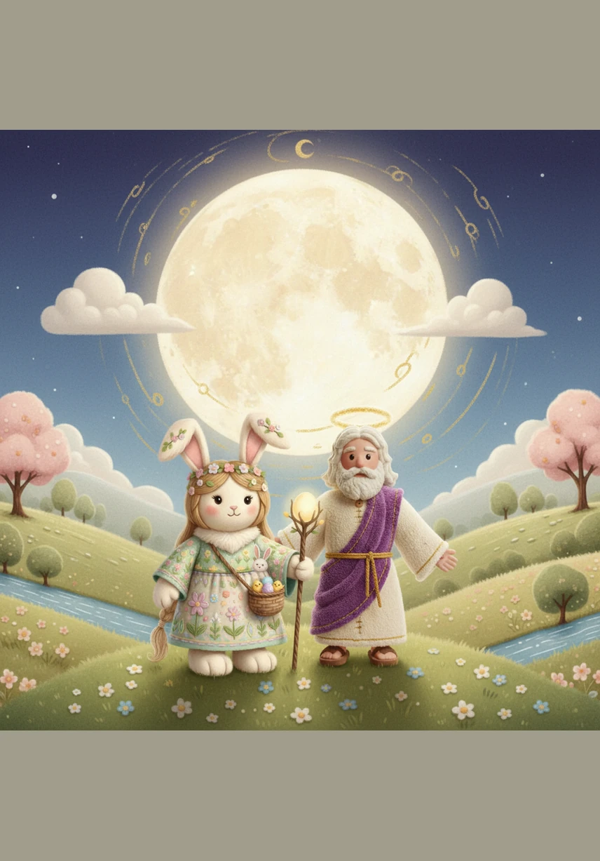 The story explains how the date of this celebration shifts with the cycles of the sky. Elara sees the first full moon of spring rising high above the horizon after the equinox. This celestial dance determines when believers around the world gather to celebrate their most important holiday.