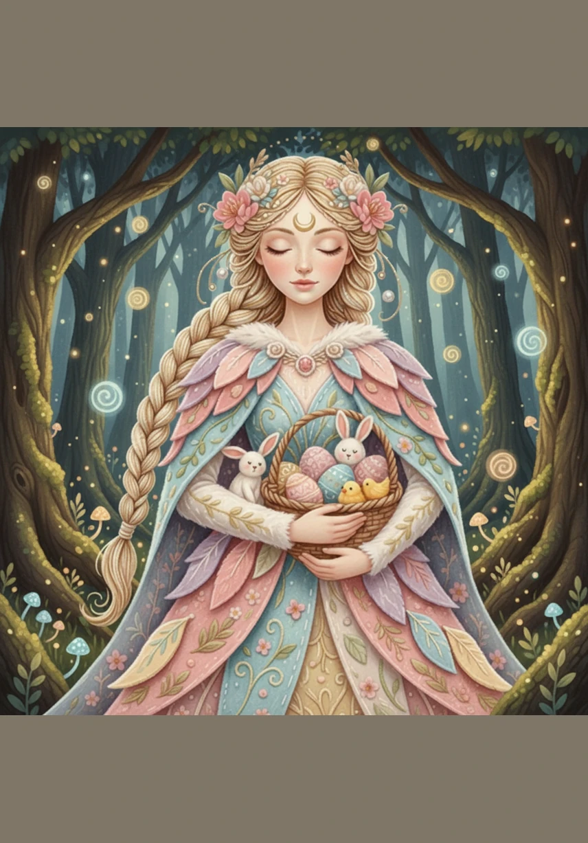Suddenly, the scenery transforms into an ancient forest where a radiant goddess named Eostre walks among the wildflowers. She is the Anglo-Saxon goddess of spring and fertility, surrounded by blooming buds and singing birds. Her ancient feast celebrated the balance of day and night during the spring equinox.
