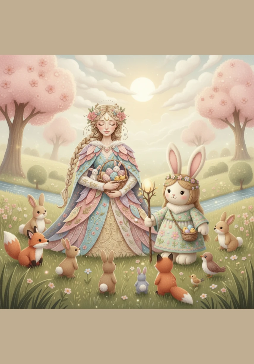 A fluffy hare hops across the page, carrying a basket of colorful surprises through a mist-covered meadow. This is the Osterhase, a legendary egg-laying rabbit brought to America by German immigrants in the 1700s. Elara laughs as she learns how this symbol of fertility became the beloved Easter Bunny.