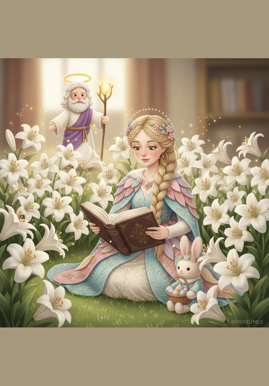 Pure white lilies bloom suddenly around Elara, their petals looking like the delicate white robes of spring. These flowers stand tall and elegant, symbolizing purity and the hope found in the message of the Resurrection. Their sweet scent seems to fill the room as Elara turns the final pages.