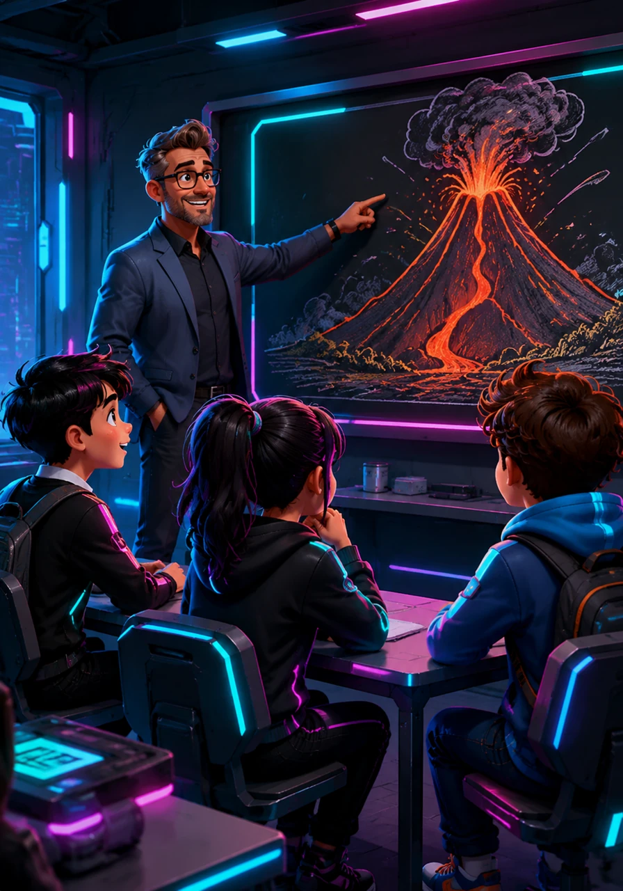 Mr. Harrison stood by the blackboard, pointing to a large drawing of a rumbling volcano. Leo and his classmates leaned forward in their chairs, eyes wide with excitement as the teacher announced their next big science project.