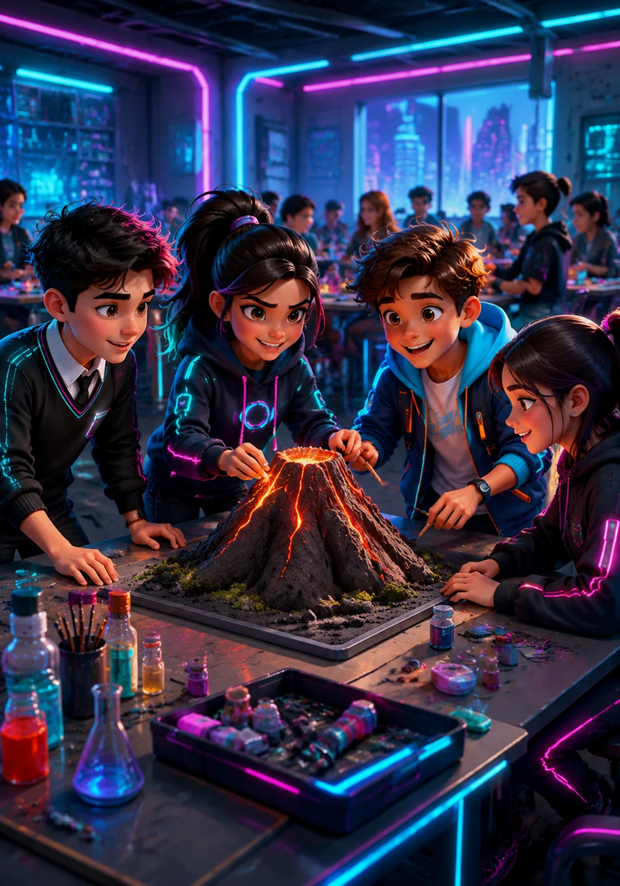 As soon as the teacher said the words group work, a loud chatter erupted across the classroom. Leo, Maya, Sam, and Zoe quickly moved their desks together, eager to build the ultimate erupting volcano.