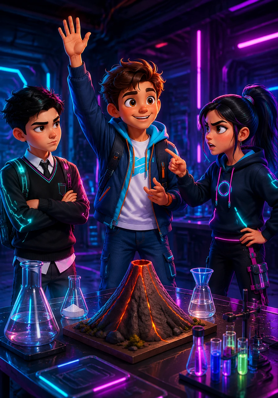 Sam raised his hand and insisted that he should be the one to mix the baking soda and vinegar because he loved chemical reactions. However, Zoe argued that she was the most careful organizer and should manage the main eruption sequence.