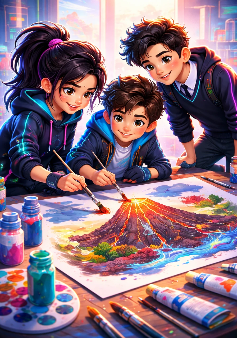 Maya looked at Leo's list and realized that painting the volcano structure was just as important as drawing the initial layout. She smiled and offered to share the artistic duties with Leo, blending their ideas together on the big poster board.