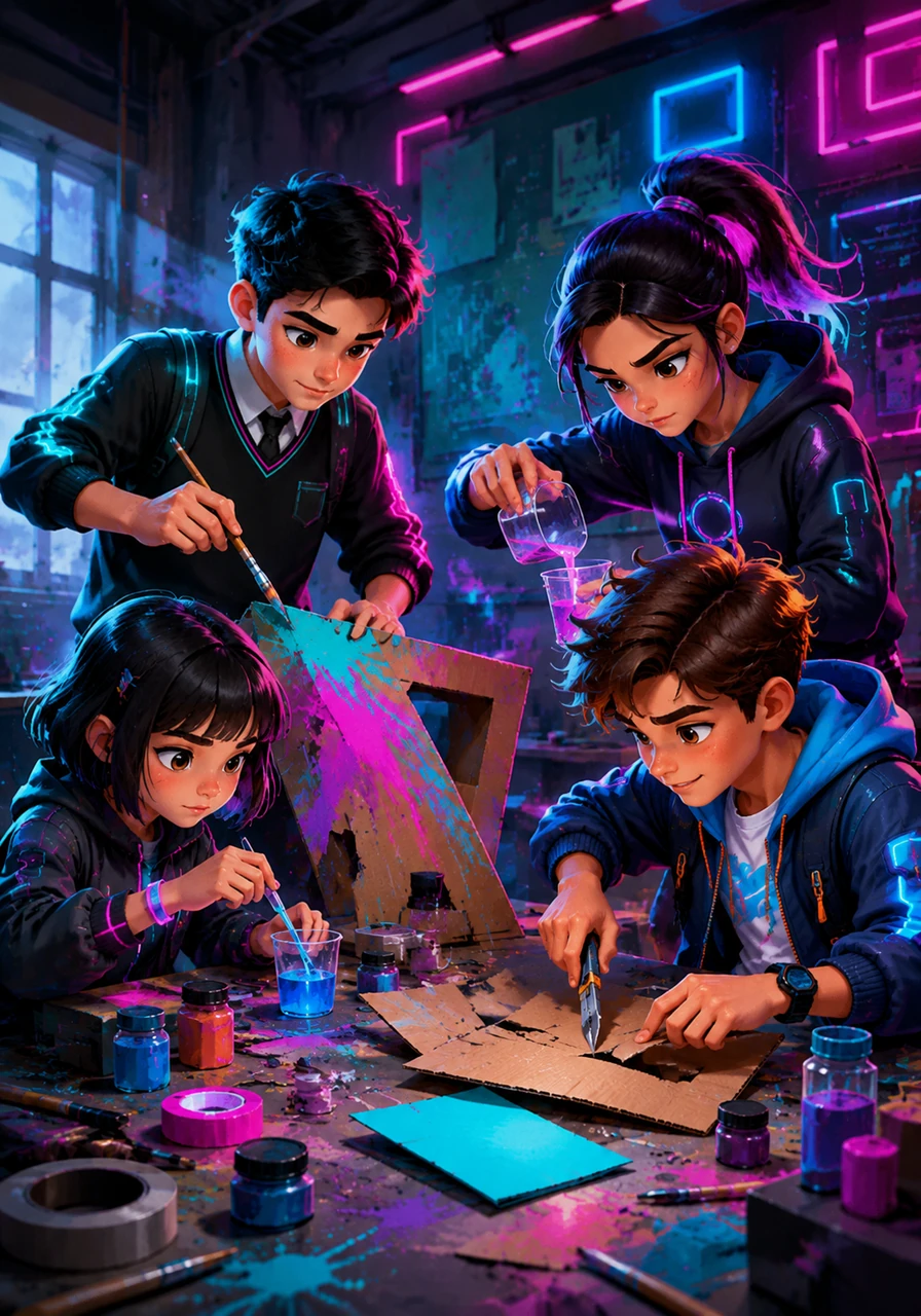 With the roles finally sorted out, the gloom in the classroom evaporated into pure energy. Hands flew everywhere as the four friends painted, cut cardboard, and measured liquids, working together like a perfectly timed machine.