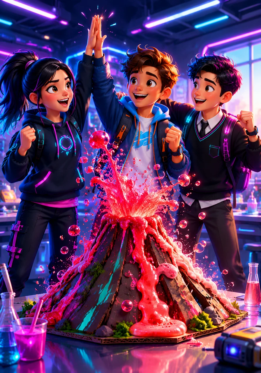 The next day, the group stood proudly before the class as their cardboard volcano erupted with a magnificent, bubbly red foam. Leo laughed and high-fived his teammates, realizing that sharing the work made the victory so much sweeter.