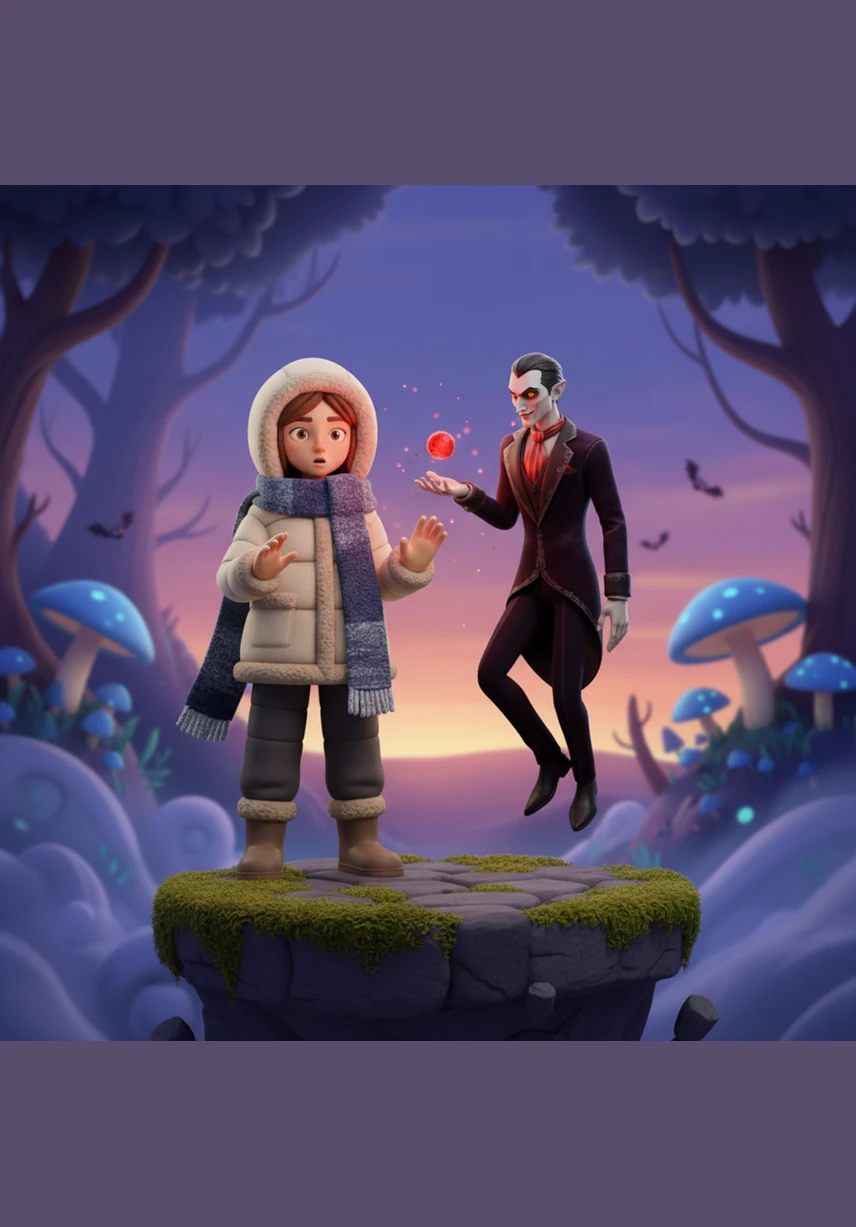 Elara walks through the misty cobblestone streets of the old city, her scarf fluttering in the cold wind. High above on a gothic spire, a dark silhouette watches her every move with glowing, hungry eyes.