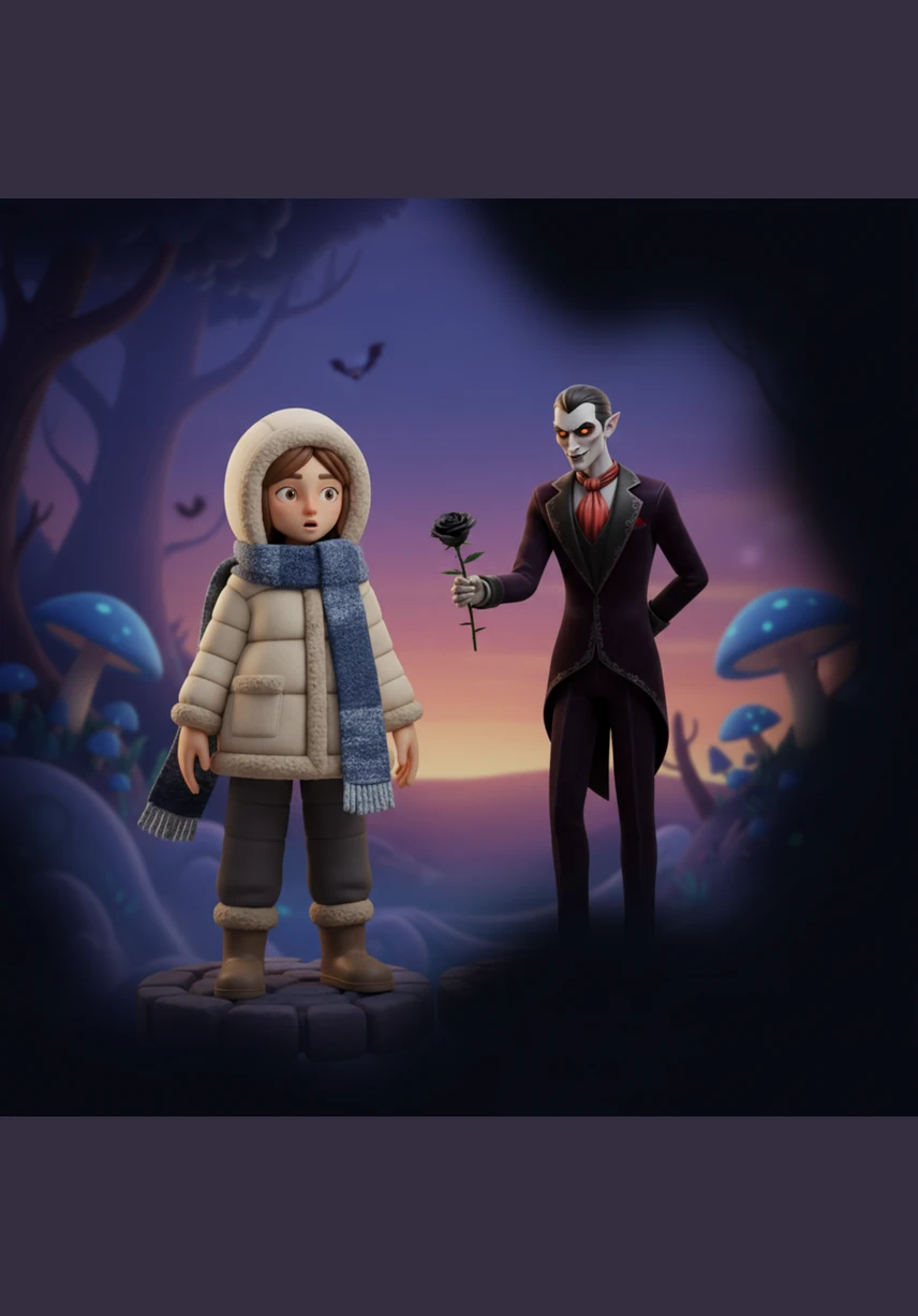 Alistair, a vampire of regal grace and ancient nobility, steps out of the shadows to greet Elara with a charming but chilling smile. He holds a single black rose, his elegant suit contrasting with the harsh darkness of the night.