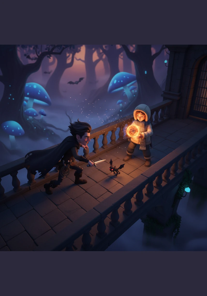 Julian, the wild and impulsive rogue, watches the encounter from a nearby rooftop, his teeth bared in a jealous growl. He leaps from ledge to ledge, following Elara with the agility of a predator, unable to look away from her.