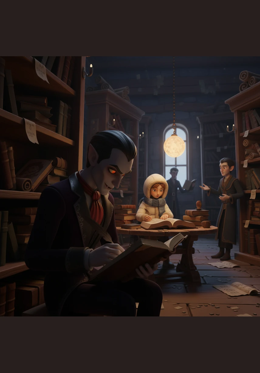 Inside a dimly lit library, Silas sits hidden among the ancient scrolls, his cold eyes fixed on Elara as she studies. He records her every habit in a leather-bound journal, his obsession manifesting as a silent, intellectual pursuit.