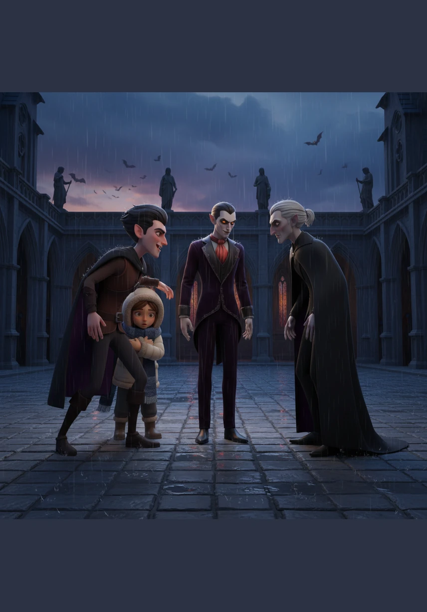 The three vampires finally confront one another in a rain-slicked courtyard, their murderous intent filling the air. They realize they are all pursuing the same mortal girl, and their ancient truce begins to crumble under the weight of their desire.