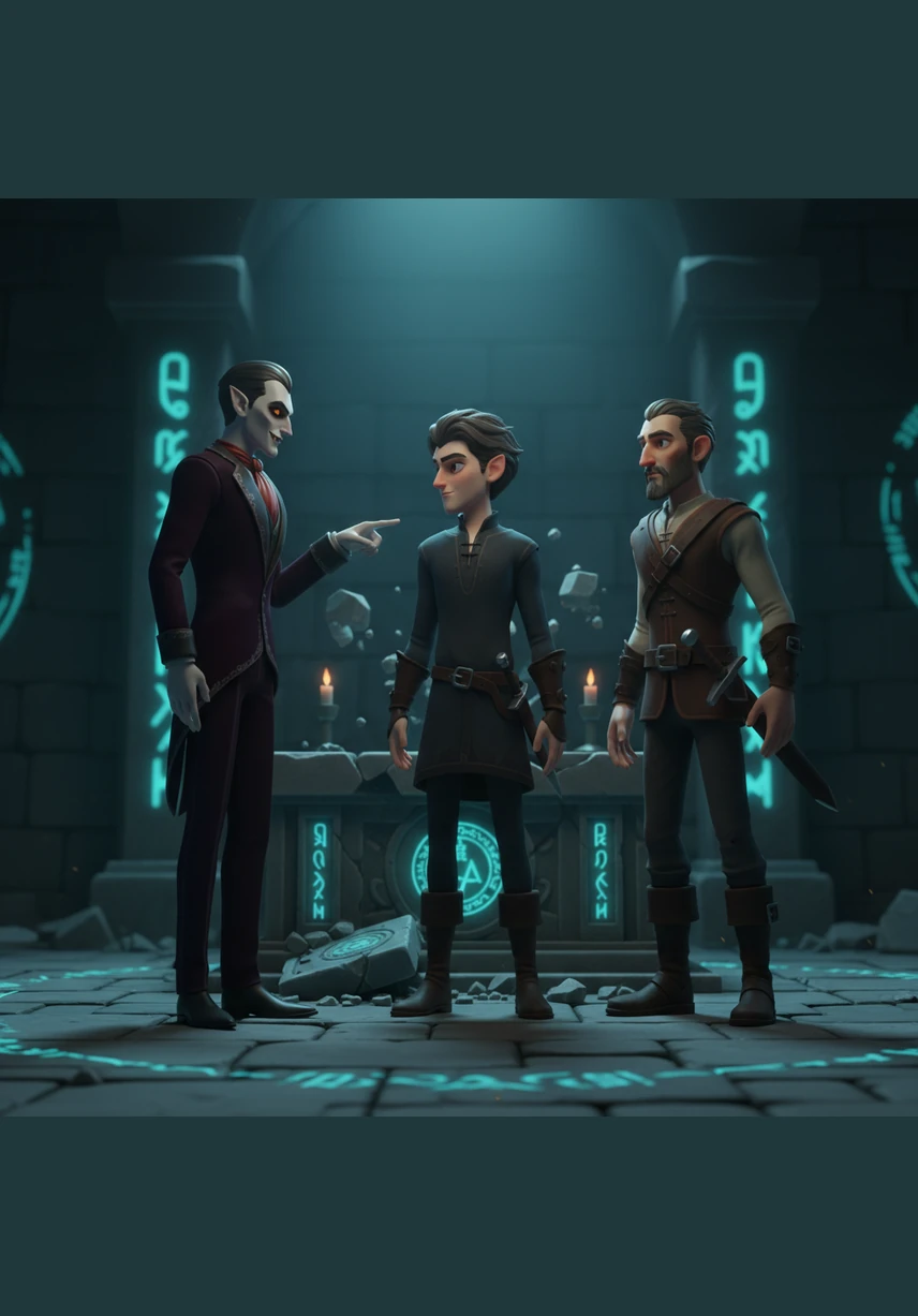 Alistair draws a gleaming silver blade while Julian flexes his deadly claws, their eyes locked in a silent challenge. Silas stands between them, his hands glowing with dark, forbidden magic, ready to defend his claim through force.