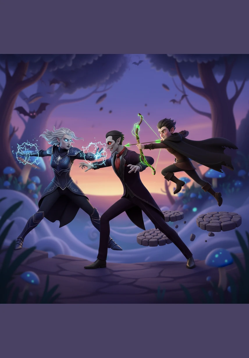 A violent struggle breaks out as the three immortals clash, their movements faster than the human eye can follow. Stone walls crack and windows shatter as they unleash their full supernatural power against one another in a chaotic dance of shadows.