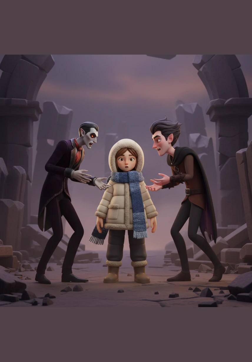 The fight ceases instantly as they notice her presence, their expressions shifting from primal rage to desperate, haunting longing. They surround her in the center of the ruins, each pleading for her to choose him as her eternal protector.