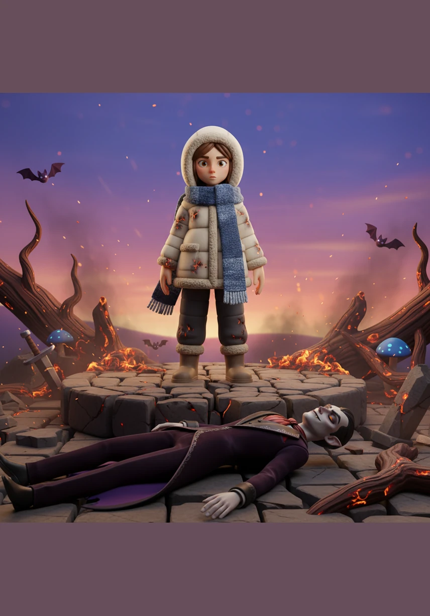 Elara stands tall amidst the wreckage, looking at the three powerful beings who are now at her mercy. Though surrounded by darkness, she finds a hidden strength within herself, realizing her life will never be the same again as she faces her destiny.