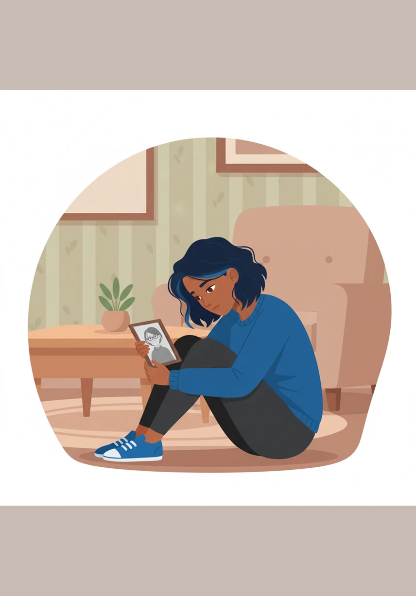 Serena sits on the living room floor with her legs pulled tight against her chest and her gaze fixed on the ground. The room feels quiet and still as she struggles with a heavy heart that makes everything feel difficult and distant.