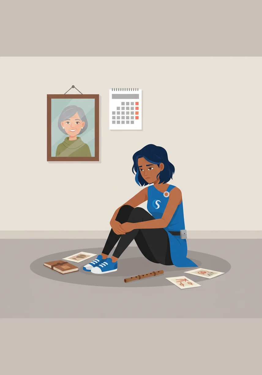 Her art supplies are scattered all around her on the rug, but the drawing on the paper remains unfinished and forgotten. The vibrant colors of the crayons contrast with her somber mood, yet she has no desire to pick them up or finish her work.