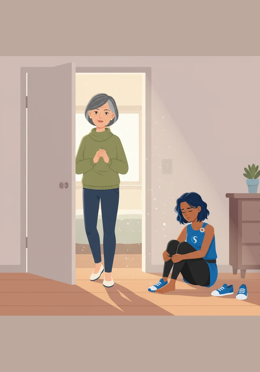 The door opens softly and her mother enters the room without making a sound, her face filled with gentle concern and warmth. She approaches Serena slowly, sensing the invisible cloud of sadness hanging over her daughter in the quiet afternoon light.