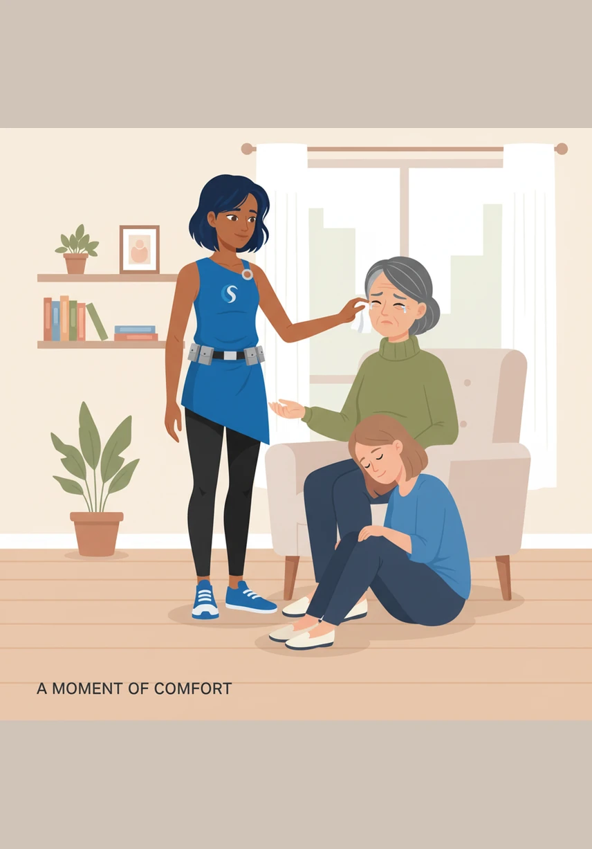 Mom sits down on the floor right beside Serena, offering her presence as a silent and steady anchor. She asks softly if today is one of those sad days, her voice sounding like a warm, comforting blanket in the cold, still room.