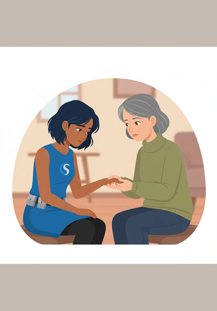 Reaching out, Mom gently takes Serena’s small, trembling hand into her own and squeezes it with a tender touch. The simple gesture conveys a world of understanding and unconditional love, letting Serena know she doesn't have to carry her feelings alone.