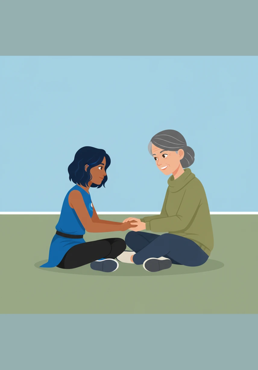 They sit together in the peaceful silence for a long time, listening to the steady rhythm of the clock and the soft patter of rain against the window. The world outside is grey and misty, but the shared moment between mother and daughter creates a safe space of quiet comfort.