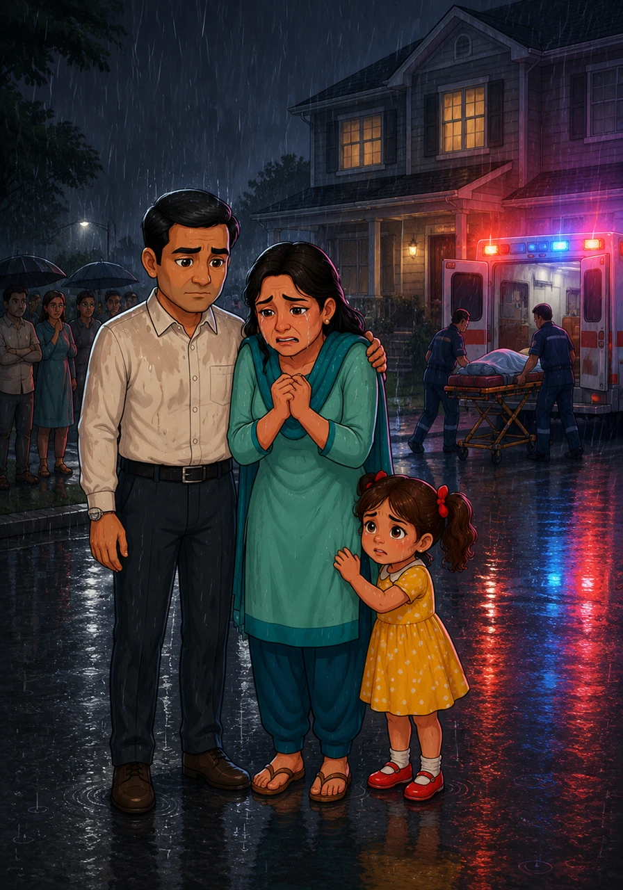 A heavy downpour drenchs a quiet suburban street at night, the rain blurring the world into shades of grey. Blue and red ambulance lights flash rhythmically against the walls of a modest two-story house, casting long, somber shadows on the pavement. The air is thick with a sense of sudden, irreversible loss as the neighborhood watches the scene in a heavy, respectful silence.