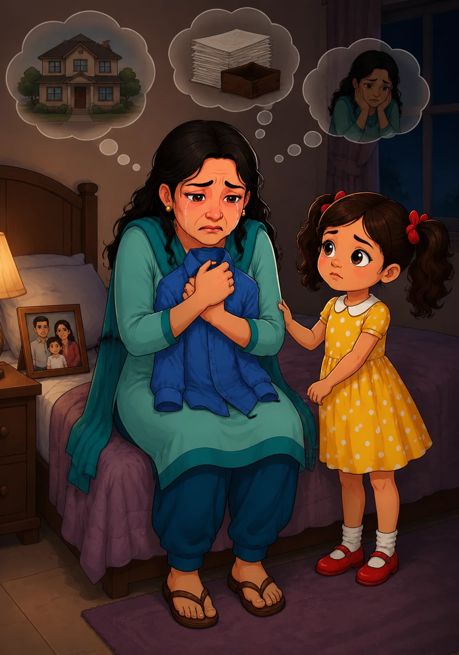 Inside the dimly lit bedroom, Riya sits on the edge of the bed, clutching her husband’s favorite blue shirt tightly to her chest. Her eyes are red and swollen from crying, and her mind is racing with terrifying thoughts of unpaid home loans and an uncertain future. The silence of the house feels heavy and suffocating without the familiar sound of his footsteps.