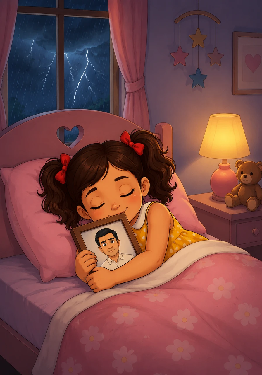In the next room, their young daughter sleeps peacefully in her small bed, her arms wrapped tightly around a framed photograph of her father. She is too young to understand the storm raging outside or the weight of the world now resting on her mother’s shoulders. Little does she know, her father had made a secret choice that would protect her even when he could no longer hold her.