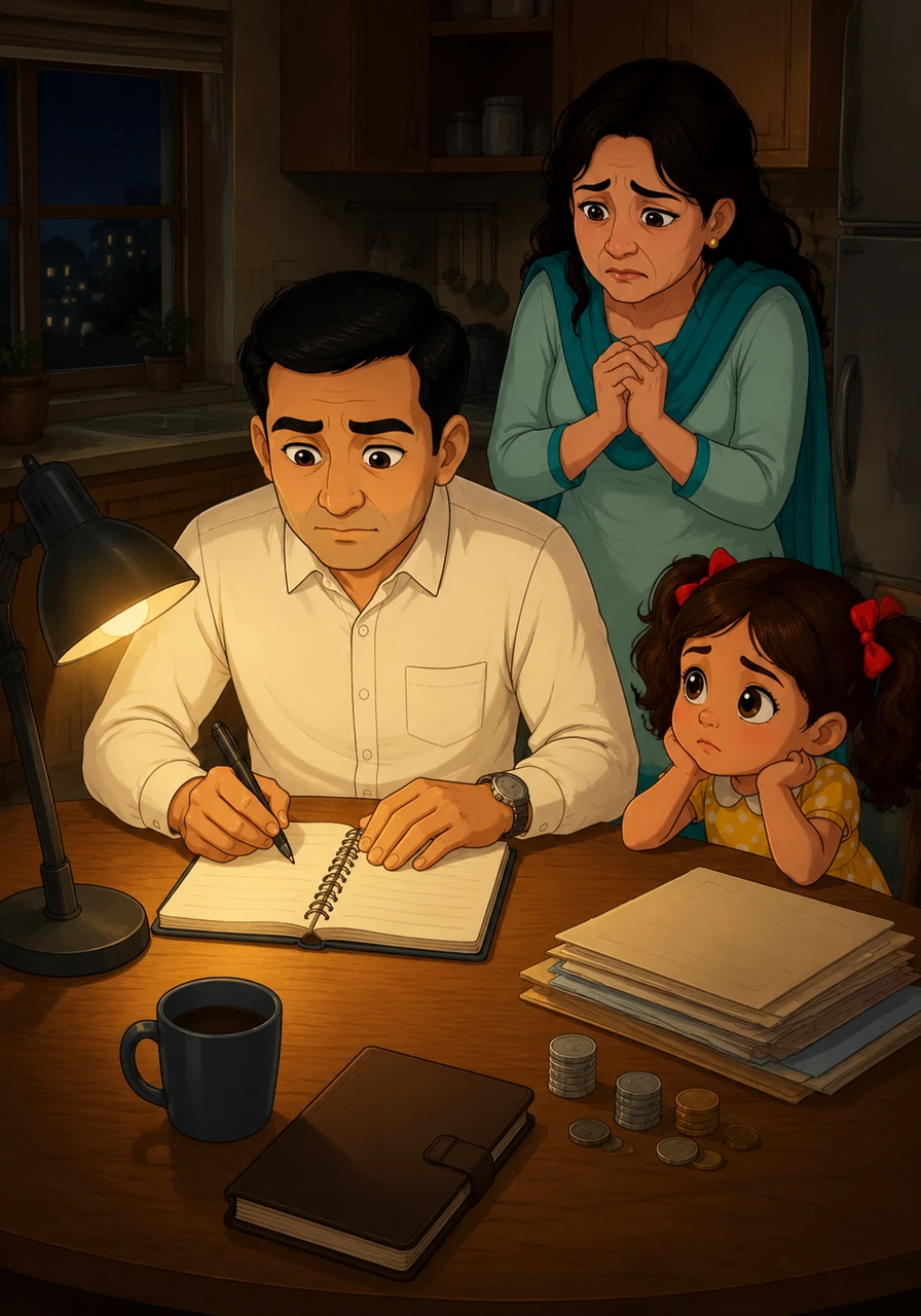 Late at night, Raj often sat alone at the kitchen table, illuminated only by the soft, warm glow of a desk lamp. He meticulously scribbled figures into a worn notebook, calculating the home loan installments, his daughter’s future school fees, and his mother’s rising medical expenses. The weight of being the sole provider for everyone he loved pressed heavily upon his tired shoulders.