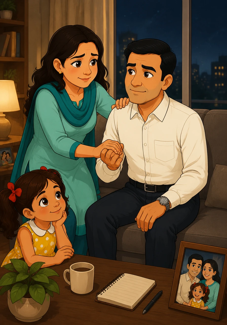 Riya would often find him there and place a comforting hand on his shoulder, softly telling him not to carry the world's tension alone. Raj always offered a reassuring smile and squeezed her hand, hiding the deep-seated anxiety that gnawed at him during the quiet hours. He was their rock and their shield, but inside, he feared what would happen if he was ever unable to stand.