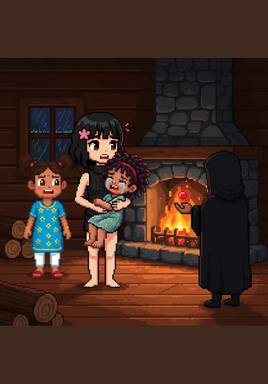 Soudain, le ciel s'obscurcit et un vent glacial se lève, faisant frissonner les jeunes filles au milieu de leurs jeux. L'infâme Bonhomme Hiver, l'éternel ennemi de la chaleur, surgit dans un tourbillon de givre et de colère.