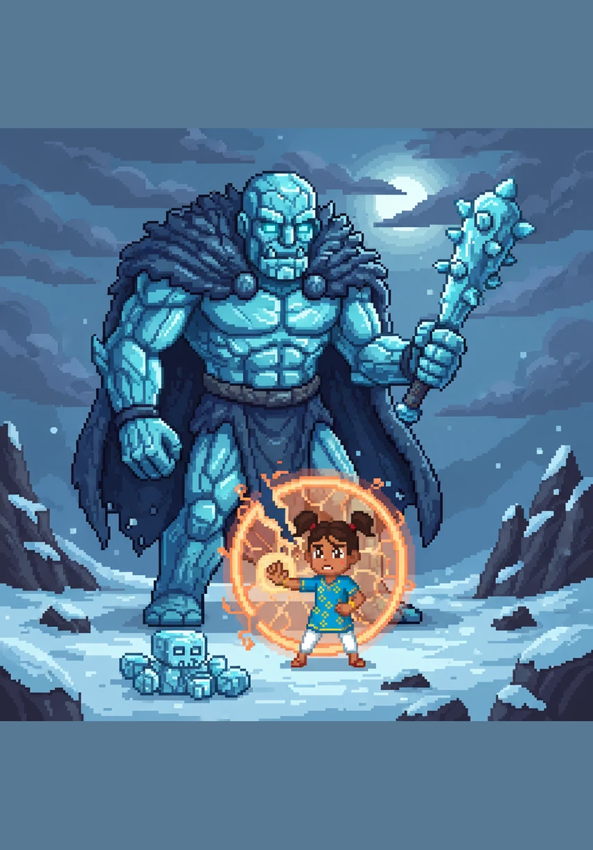 D'un geste brusque, le géant de glace souffle sur le jardin, transformant instantanément les fleurs délicates en statues de cristal gelé. La vie s'arrête, emprisonnée sous une épaisse couche de neige blanche et un silence de mort.