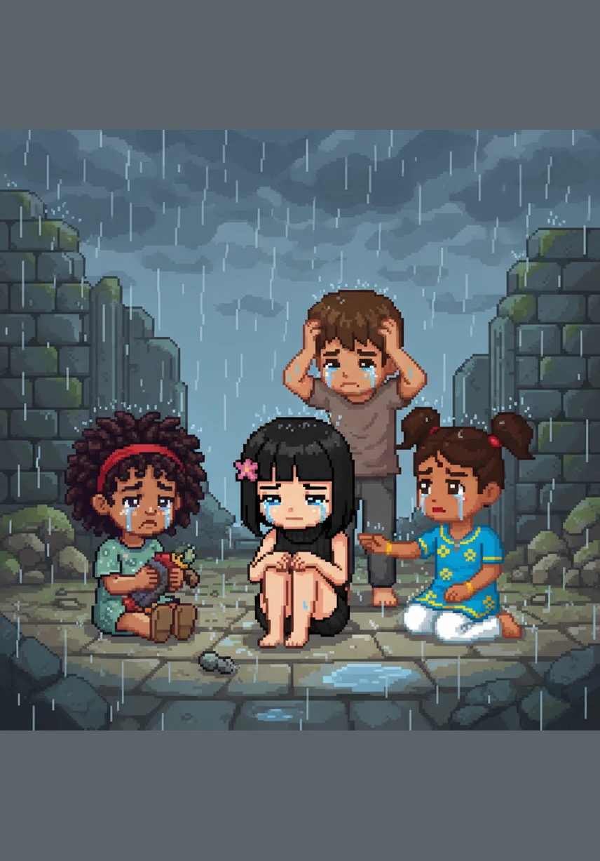 Les quatre amies s'effondrent sur le sol durci par le gel, les larmes coulant sur leurs joues alors qu'elles contemplent le désastre. Tout ce qu'elles aiment a disparu, et la tristesse envahit leurs cœurs face à la puissance de l'Hiver.