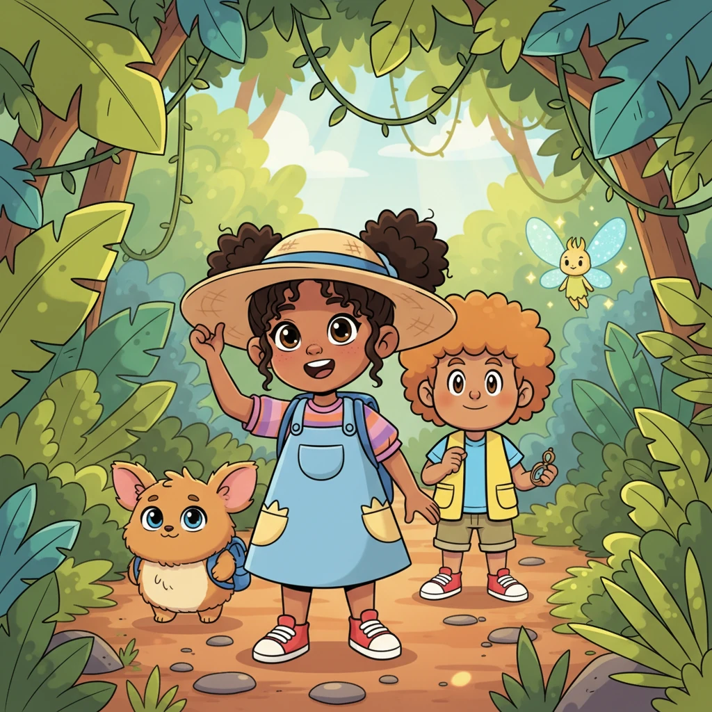 The morning sun painted the jungle canopy in bright, dappled light as Elara, Pip, Gizmo, and Sparkle followed a winding path. Elara adjusted her sunhat, her eyes sparkling with excitement for the day's adventure.