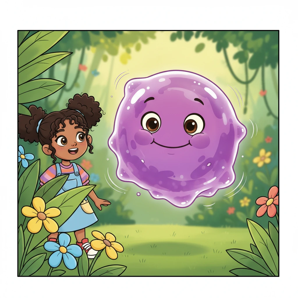 Peeking through the leaves, they discovered a round, shimmering purple creature, a 'Wobble-blob,' jiggling playfully. It had wide, curious eyes and a cheerful, wobbly smile, bouncing gently like a jelly.