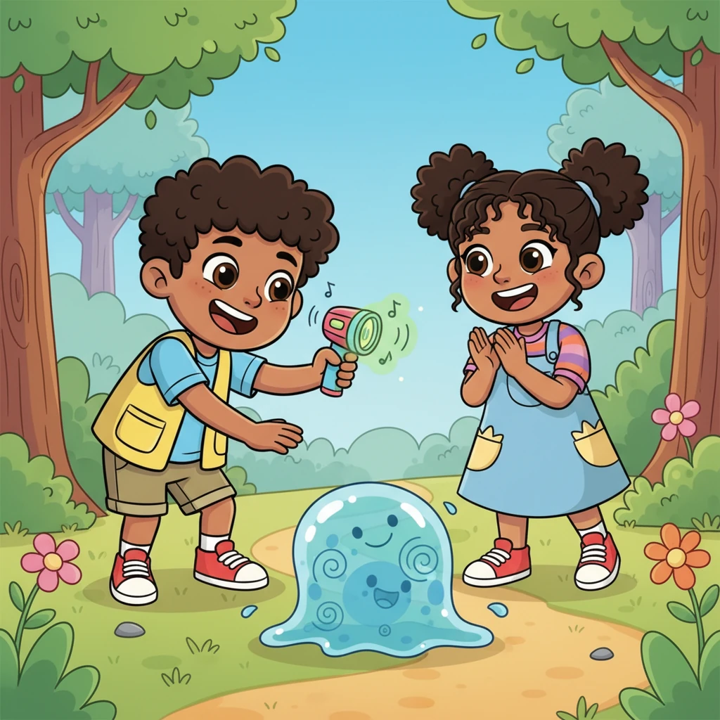 Gizmo, ever the scientist, pulled out a small, whimsical scanner. It chirped cheerfully, confirming the Wobble-blob was a friendly, bouncy creature, full of playful energy and harmless goo.