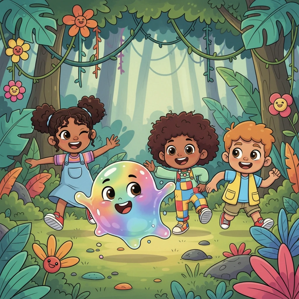 The Wobble-blob, delighted, began to bounce ahead, leading the friends on a merry chase deeper into the jungle. Its wobbly movements were full of joy, inviting them to follow.
