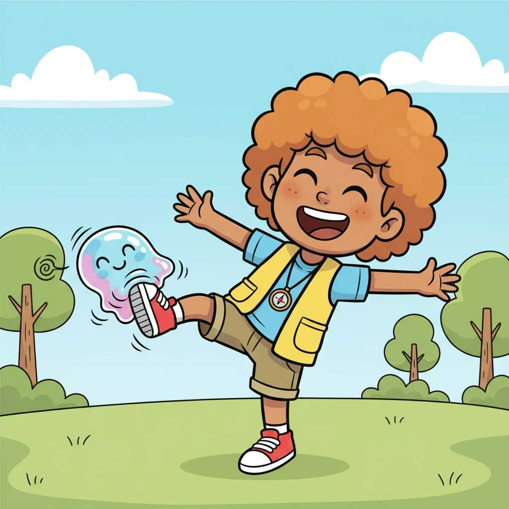 In its playful bouncing, the Wobble-blob accidentally landed on Pip's boot, sticking fast with a squishy sound! Pip laughed as he tried to shake it off, the Wobble-blob jiggling happily.