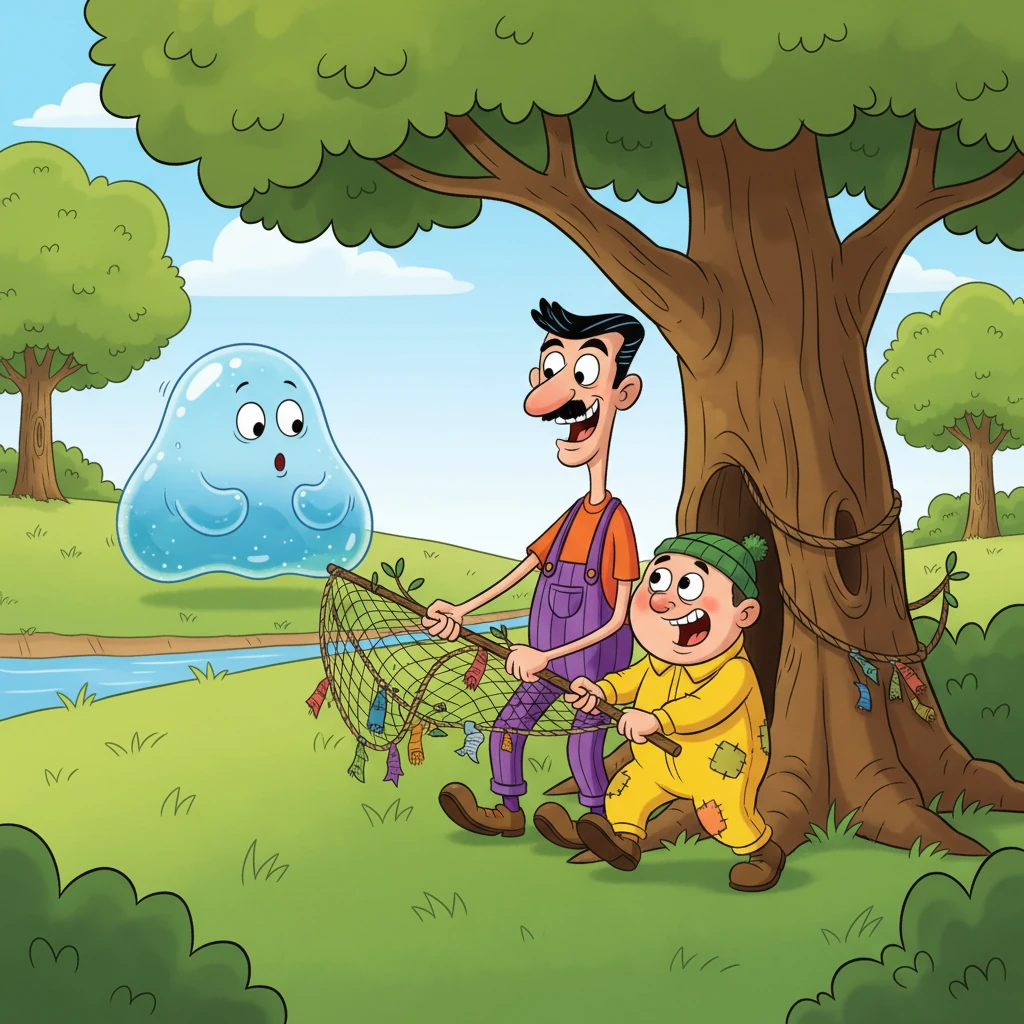 Just then, two goofy figures, Slick and Sneak, popped out from behind a tree, holding a net. They declared they wanted the Wobble-blob for their 'Super Squishy Pet Show,' but their plan was clearly clumsy.