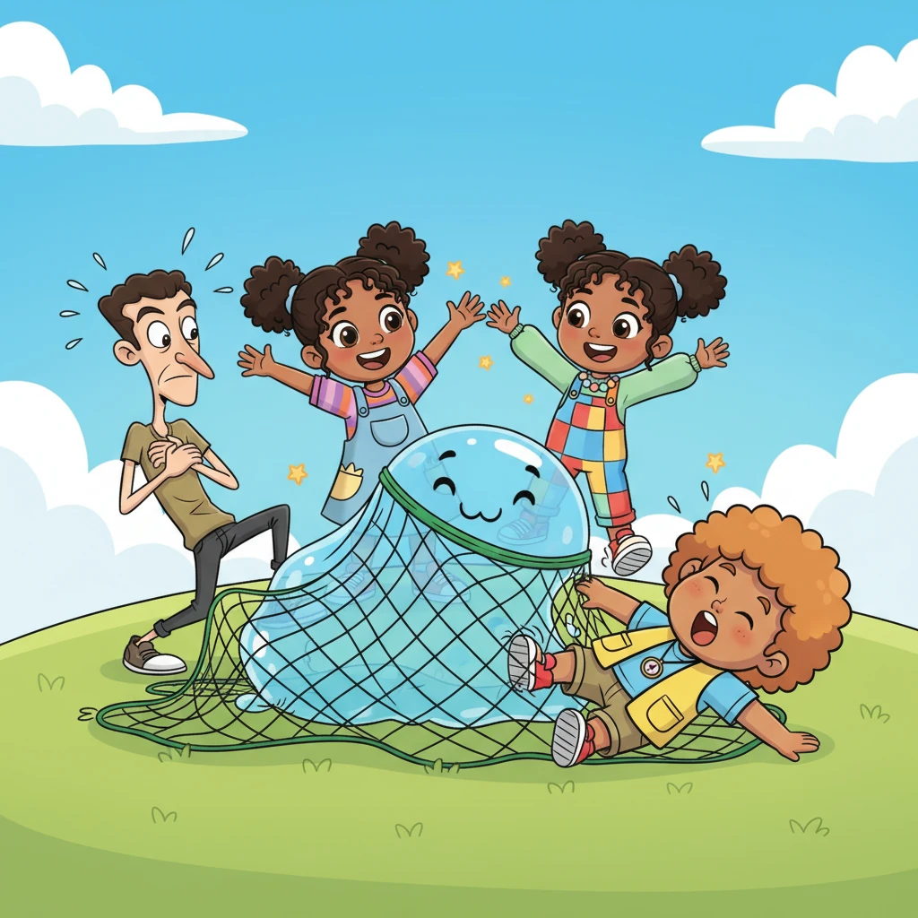 Elara and her friends quickly surrounded the Wobble-blob, playfully shielding it. The Wobble-blob, understanding, jiggled and playfully stuck to Slick and Sneak, causing them to stumble and get comically tangled in their own net.