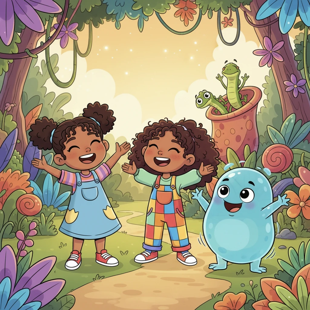 With Slick and Sneak comically stuck, the friends and the Wobble-blob shared a big laugh. The Wobble-blob, now a cherished new friend, continued to jiggle happily beside them as they explored the wondrous jungle.