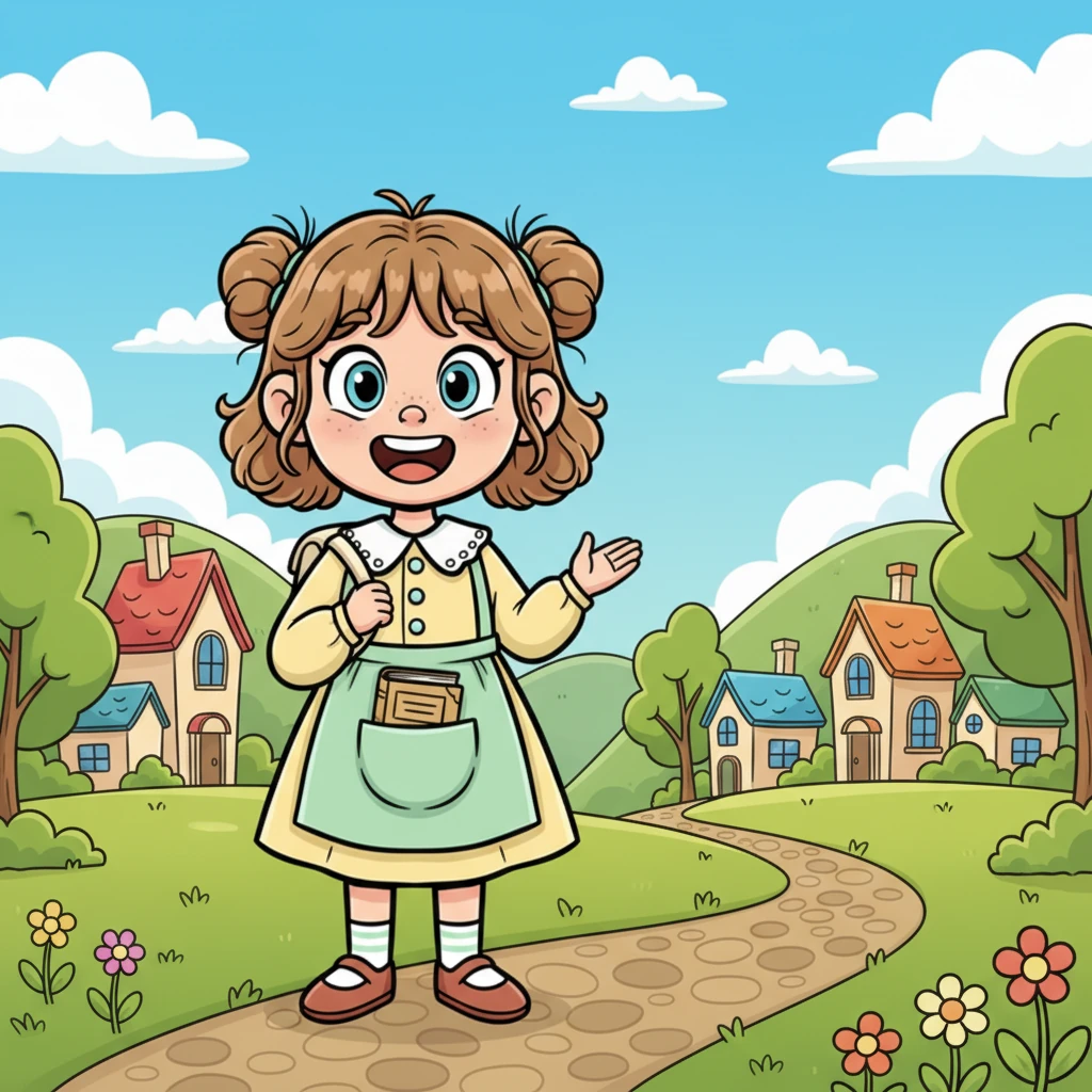 In a cheerful village nestled among rolling green hills, a curious little girl named Luna stood wide-eyed. She dreamed of grand adventures and mysterious discoveries, her imagination always buzzing with wonder. With a bright smile and her trusty backpack, she was ready for another day of exploration.