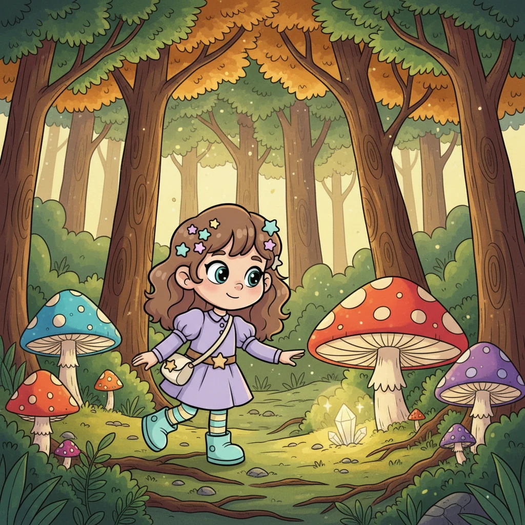 Luna ventured into the whispering forest at the village's edge, her heart filled with excitement. Sunlight dappled through the leaves as she tiptoed past towering trees and colorful mushrooms, searching for something truly extraordinary. Every rustle and glow caught her attention, hoping for a magical find.